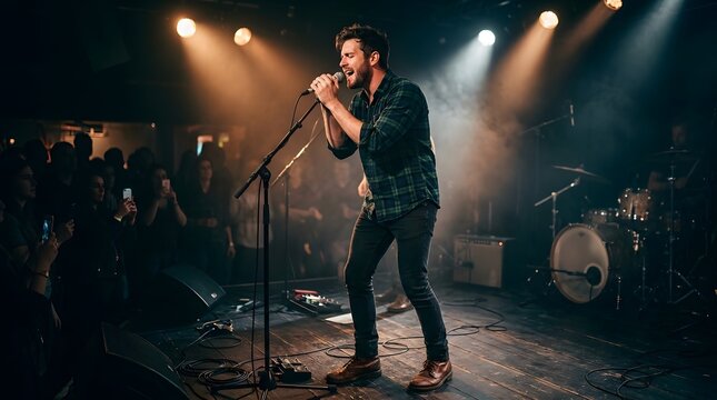 Male singer performing live on stage with band