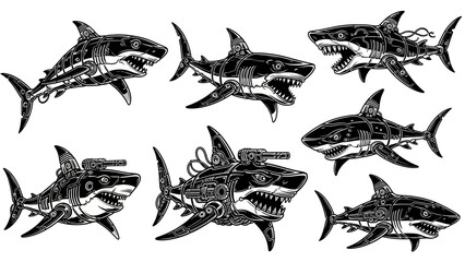 Obraz premium Mechanical Sharks with Weapons, Robotic Sea Predators, Vector Illustration