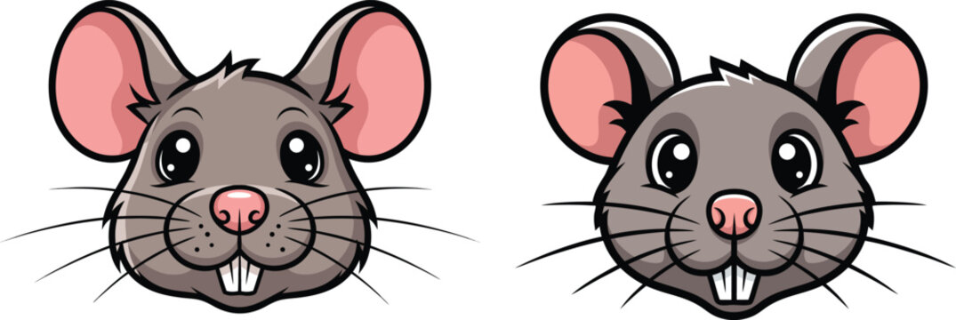 Cute cartoon mouse face vector illustration set, funny rodent head character