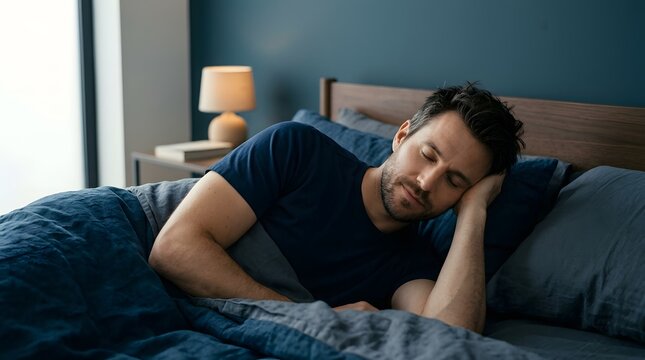 Man resting in bed enjoying peaceful sleep or relaxation