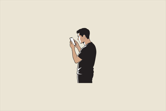 Side view vector illustration of a young man holding and looking at his smartphone screen. Social media, mobile app, and communication concept isolated on plain background. Vector illustration.