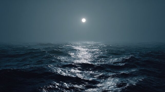 Tranquil Ocean Scene During Moonlit Night with Glimmering Water and Calm Sky, Serene Seascape for Meditation, Nature, and Relaxation Themes