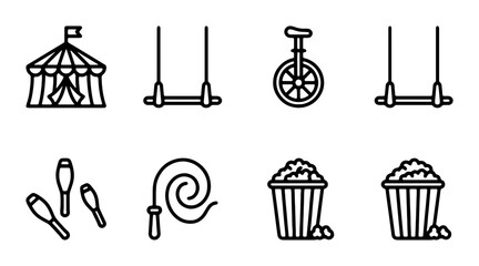 Circus Icons Set: Tent, Trapeze, Unicycle, Juggling, Popcorn, Whip Vector Graphics © Juman