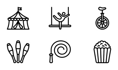 Circus Icons Set: Tent, Acrobat, Unicycle, Juggling Pins, Whip, Popcorn, Vector Graphics © Juman