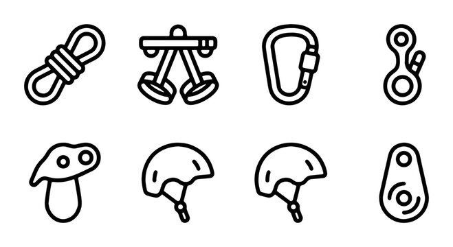 Climbing Gear Icons Set: Carabiner, Rope, Harness, Helmet, Ascender, Descender, Belay Device