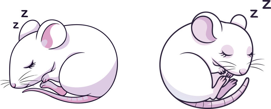 Two cute cartoon white mice sleeping curled up in a ball