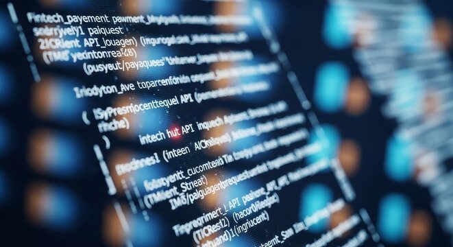 Close-up macro shot of glowing computer code on a blurred digital screen, showcasing software development and technology.