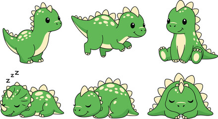 Cute Green Dinosaur Vector Illustration Set Featuring Stegosaurus and Triceratops Cartoon Characters Sitting, Running, and Sleeping for Nursery Graphic Designs © Ismail