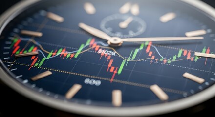 Fototapeta premium Close-up macro shot of a financial stock market trading chart displayed on a watch face, showcasing investment data and trends over time