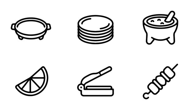 Mexican Kitchen Icons: Comal, Tortillas, Molcajete, Lime, Press, Skewer, Food Prep Vector Set