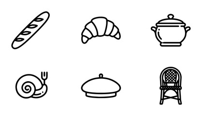 French Icons Vector Set: Baguette, Croissant, Beret, Chair, Snail, Pot © Nime