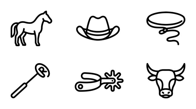 Western Cowboy Icons: Horse, Hat, Lasso, Branding Iron, Spur, Bull Head Vector Set