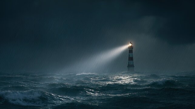 Beacon Lighthouse Standing Tall Amid Stormy Seas with Dark Clouds and Strong Winds on Rough Water
