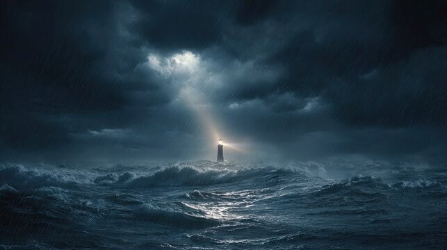 Tower lighthouse standing amidst stormy ocean waves under dark sky with lightning bolt illuminating the scene