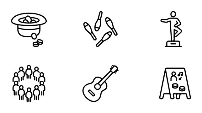 Street Performer Icons: Juggling, Guitar, Audience, Hat, Dancer, Signage Set