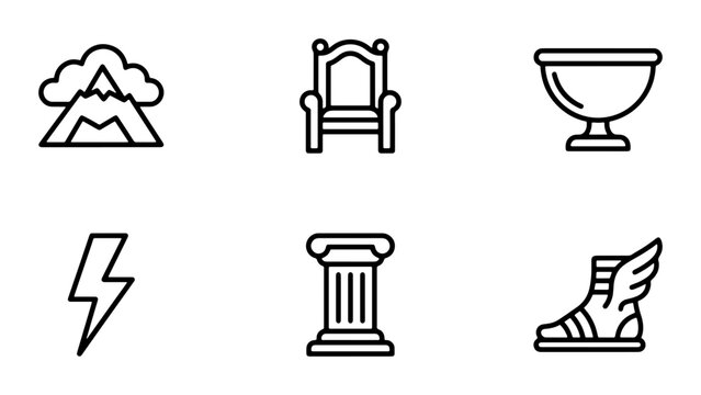 Greek Mythology Icons: Mount Olympus, Throne, Cup, Lightning, Column, Winged Shoe Vector Set
