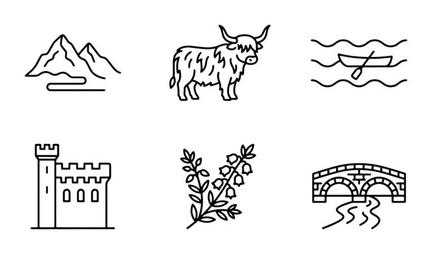 Scottish Icons Set: Highland Cow, Castle, Mountains, River Bridge, Boat, Heather, Vector Graphics
