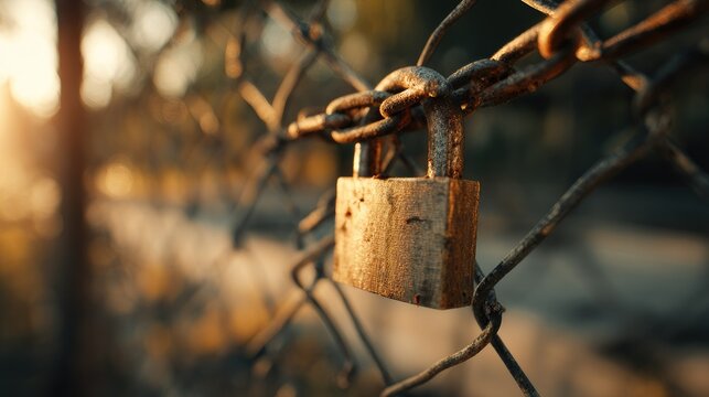 Close-up of a rusty padlock securing barbed wire fence at sunset with warm light and blurred background