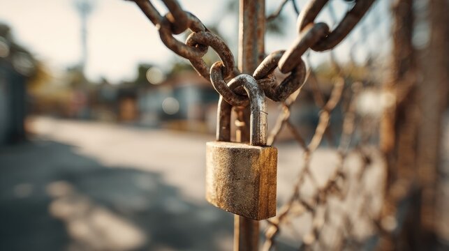 Close-up of a rusty chain and a padlock securing a barrier amidst an outdoor setting with blurred background