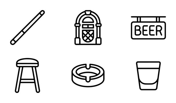 Bar Icons Set: Pool Cue, Jukebox, Beer Sign, Stool, Ashtray, Shot Glass