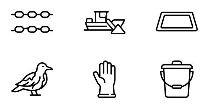 Marine Debris Icons: Seagull, Bucket, Glove, Chain, Dredger, Trash Can Vector Set