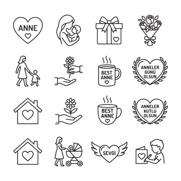 Mothers Day celebration icons set with heartfelt and family symbols design