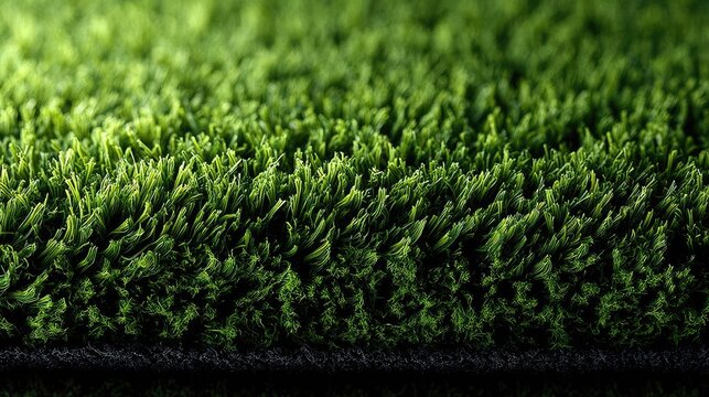 Close-up of lush green artificial grass turf with detailed blades and vibrant color, ideal for sports surfaces, lawns, or decorative use
