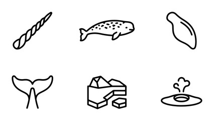 Arctic Ocean Icons: Narwhal, Whale Tail, Iceberg, Spout, Horn, Minimalist Vector Set © Ahmed