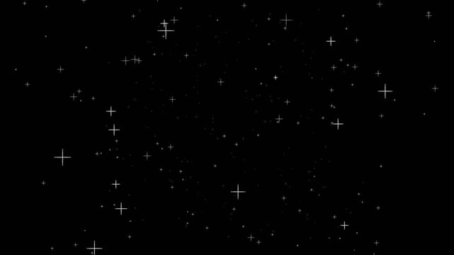 Crosshair plus sign particles flickering and floating on black background digital HUD noise overlay element.