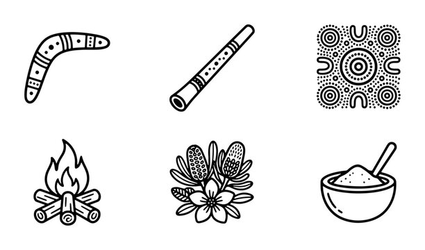 Australian Aboriginal Culture Icons Set, Indigenous Art Symbols, Boomerang, Didgeridoo, Campfire, Banksia