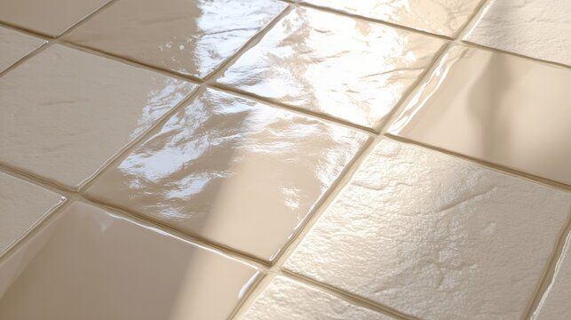 Close-up view of shiny beige ceramic tiles with grout lines in a clean and modern setting