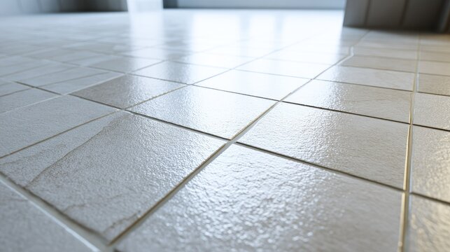 Close-up shot of smooth ceramic tiles on a modern indoor floor surface with natural light reflections