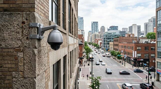 Dome security camera mounted on a brick building corner. CCTV surveillance system overlooking a busy city street with traffic and pedestrians. Urban safety and monitoring concept