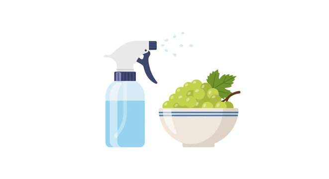 Spray bottle and bowl of fresh green grapes illustration.