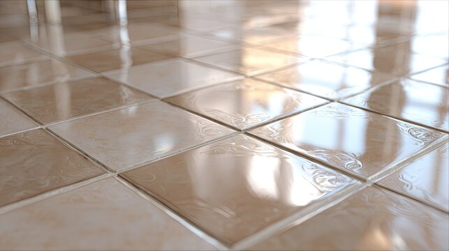 Close-up view of glossy ceramic tiles floor with reflections and grout lines in warm indoor setting