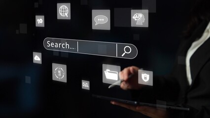 Naklejka premium Search engine research, SEO optimization, search data analysis, keyword strategy, and digital visibility improvement through effective search engine and SEO tools. Muxer