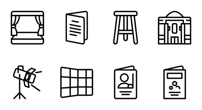 Set of 8 Simple Line Icons: Theater Stage, Brochure, Stool, Building, Spotlight, Grid, ID Card, Magazine