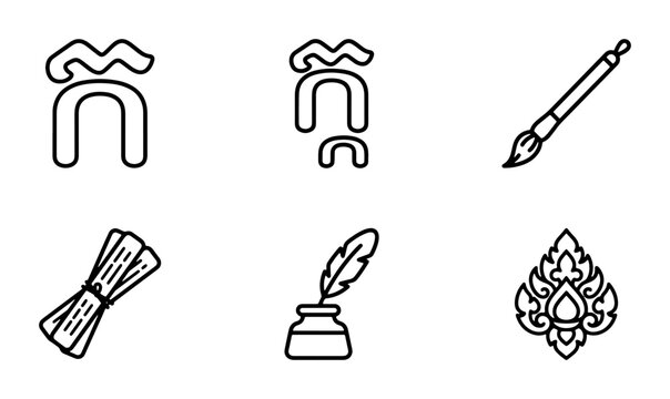 Cambodian Khmer Script Icons, Calligraphy Brush, Quill Pen, Inkwell, Cultural Ornament Vector Set