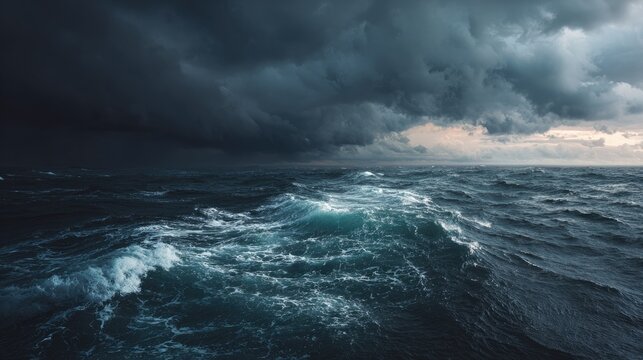 Dark Storm Clouds Over Rough Ocean Waves with Choppy Water and Heavy Weather on a Seascape Scene