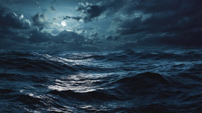 Dark Ocean Waves Under Cloudy Night Sky with Moonlight Reflection at Sea