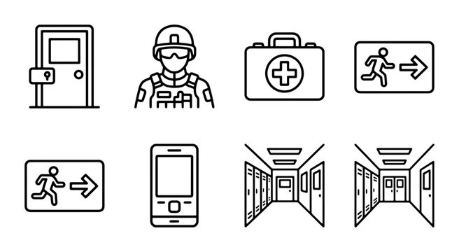 Emergency Icons Set: Security, Safety, Medical, Exit, Corridor, Door, Phone