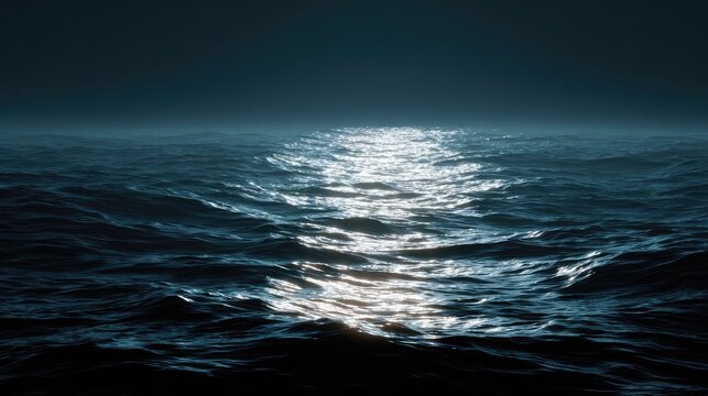 Dark Ocean Under Moonlight with Glowing Reflection on Rolling Waves at Night