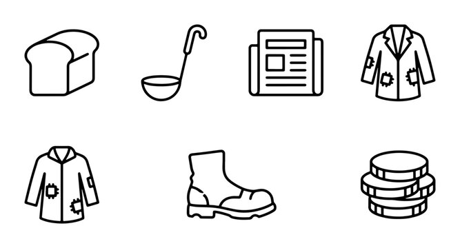 Homelessness Icons Set: Bread, Soup Ladle, Newspaper, Coat, Boot, Coins