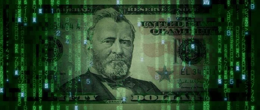 Digital Currency Concept with Fifty Dollar Bill made up of Animated Code. Cryptocurrency Finance Wallpaper.