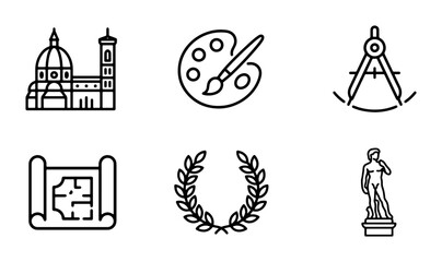 Fototapeta premium Renaissance Art Icons: Florence Duomo, Palette, Compass, Blueprint, Laurel Wreath, David Statue