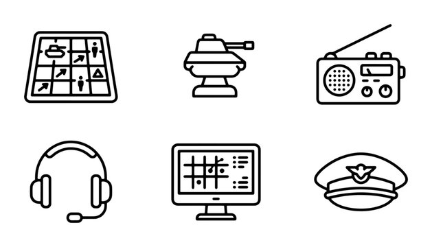 Military Icons Set: Strategy Map, Radar, Radio, Headset, Monitor, Pilot Hat