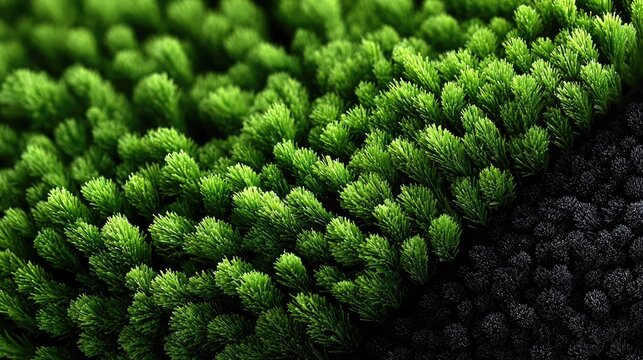 Close-up aerial view of lush green moss with a contrasting patch of dark moss beneath, showcasing vibrant textures and natural growth patterns