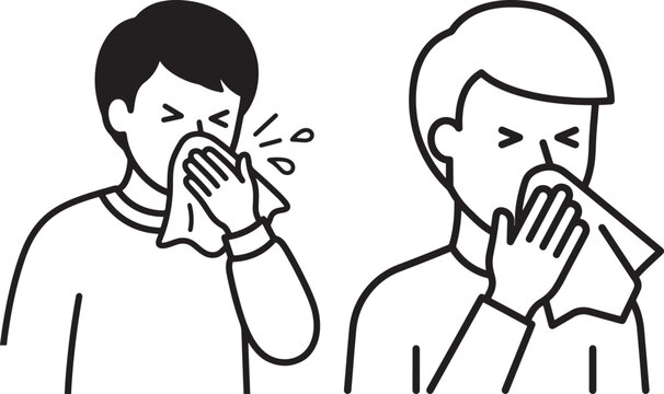 Man sneezing into tissue paper spread germs cartoon.