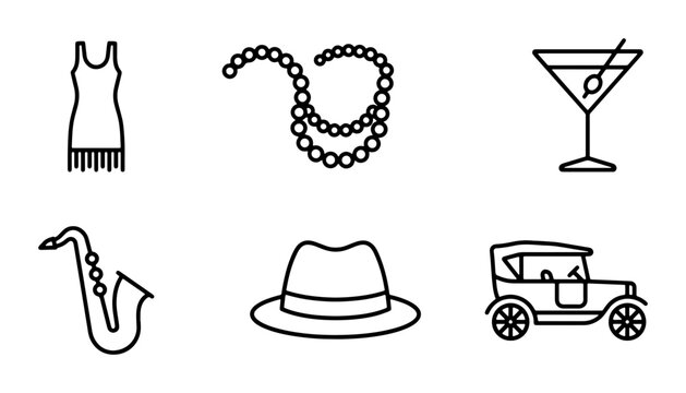 Retro 1920s Icons Set: Flapper Dress, Pearls, Martini, Saxophone, Fedora, Vintage Car