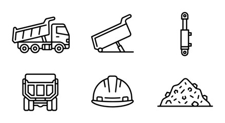 Construction Vehicle Icons Set: Dump Truck, Tipper, Hydraulic Cylinder, Hard Hat, Gravel Pile © Kawsar